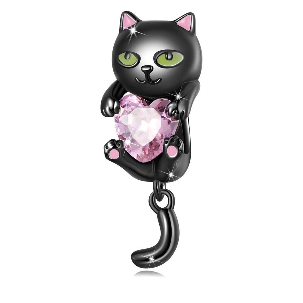 4513 Cute Heart Black Cat Bead Charm for Bracelets 925 Sterling Silver